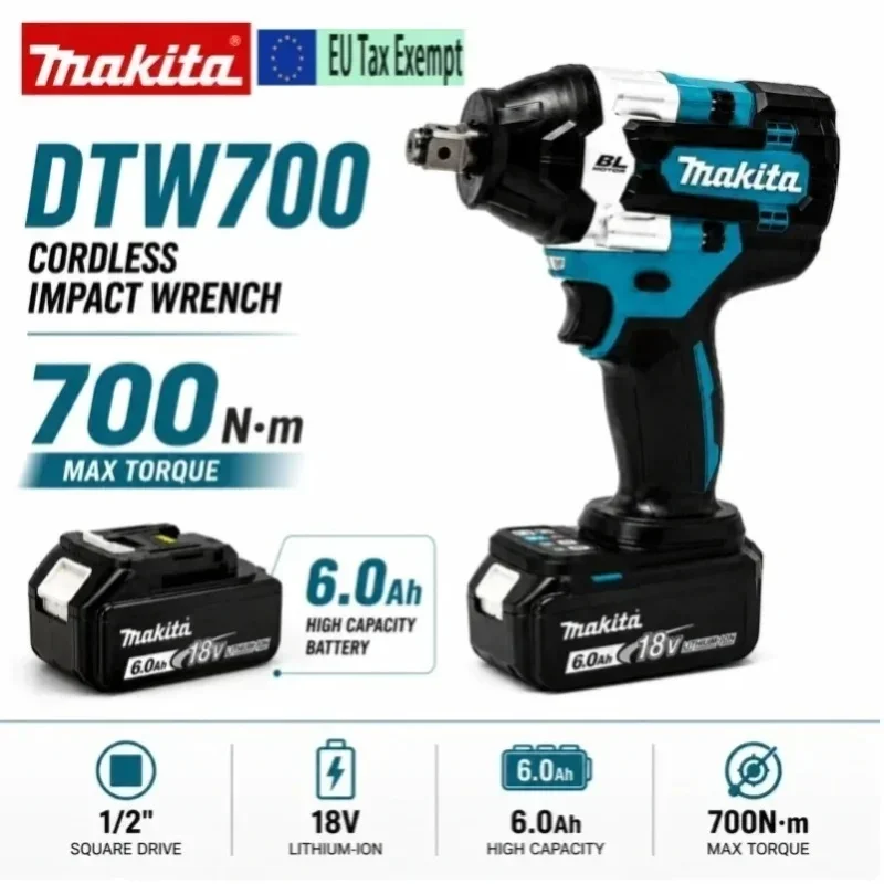 Do akumulatorowego klucza udarowego Makita DTW700, 18 V, z silnikiem bezszczotkowym, elektryczny klucz z mechanizmem zapadkowym, moment obrotowy 700 N·m, zestaw narzędzi o wysokiej mocy, z diodą LED, — 2