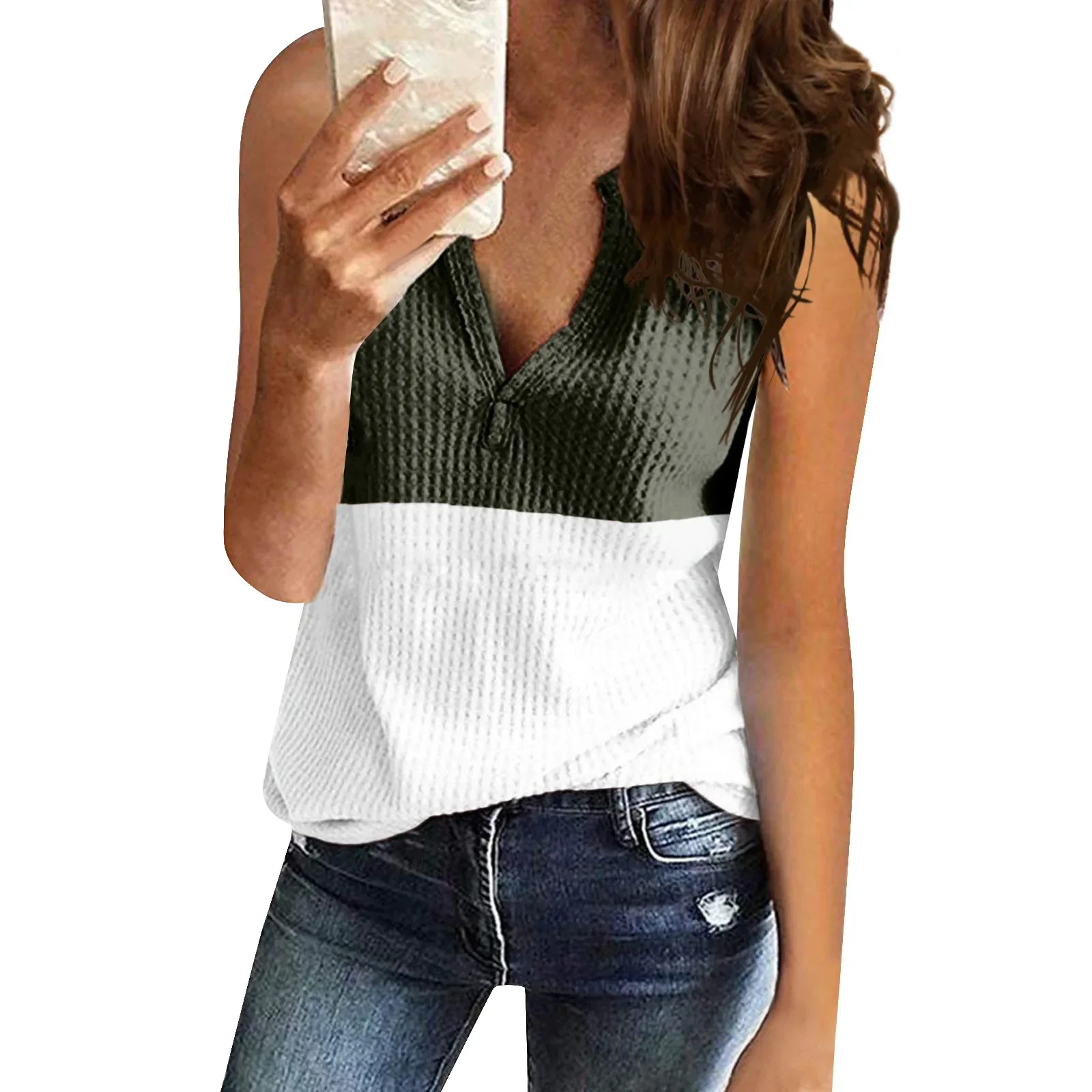 2024 Women's Top Spring Summer New Fashion Stitching Contrast Knitwear V-neck Casual Elegant Loose Vest