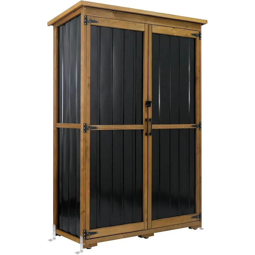 

Водонепроницаемый металлический и деревянный уличный шкаф для хранения с 4 усиленными полками, садовый сарай, 6 Т-образных петель, магнитная дверца, 18.1Г x 49Ш x