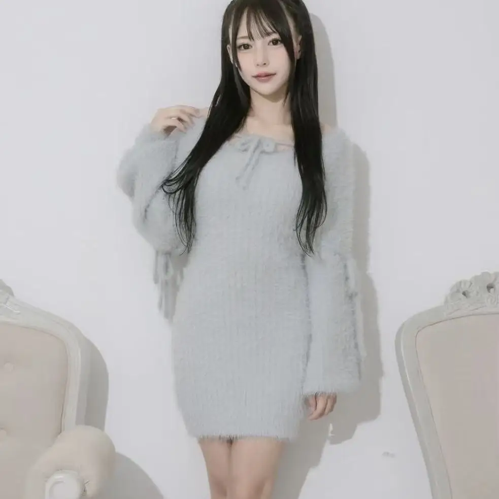 فستان قصير محبوك على الطراز الياباني أنيق برقبة دائرية وأربطة وأكمام طويلة وخصر عالٍ للنساء للخريف #4