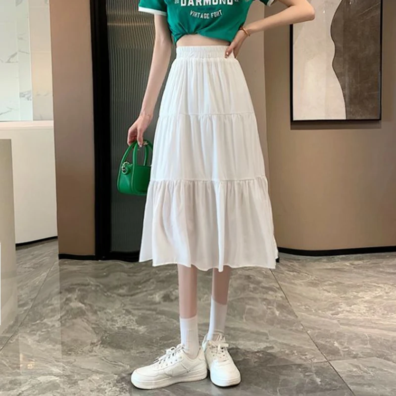 امرأة جديدة في الملابس ألف خط عالية الخصر عارضة التخسيس كعكة تنورة تنوعا منتصف طول اللباس الحلو الأبيض تنورة طويلة كل مباراة