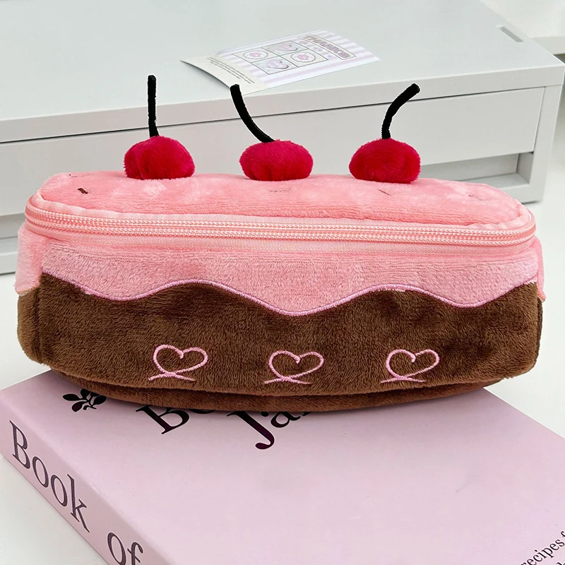 

Plush Cherry Cake Pencil Case Pencil Pouch Large Capacity School Supplies Pencilcase