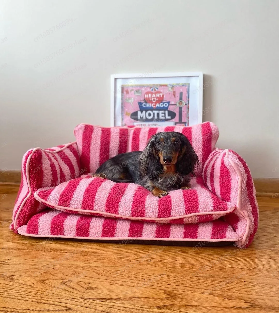 

Kennel pet nest fully removable and washable creative striped lamb plush winter warm cat nest pet sofa bed dog bed