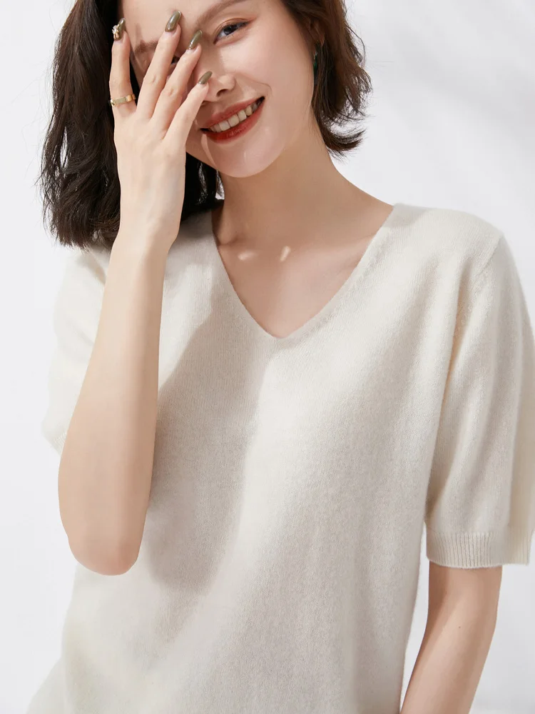 New 100% Merino Wool Women\' Sweater V-neck Solid Color Pullover Spring Summer Half sleeved Basic Clothing Base Sweater Casual