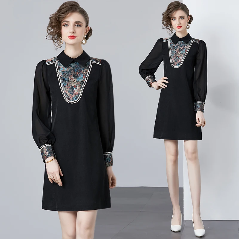 

2024 Spring/Summer New Palace Style Dress Women's Vintage Embroidered Loose Peter Pen Collar Puff Sleeves Chiffon Short Skirt