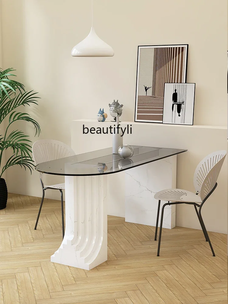 

zxqOriginal Design Italian Minimalist Kitchen Island Dining Table Integrated Tempered Glass Villa Restaurant Dining Table