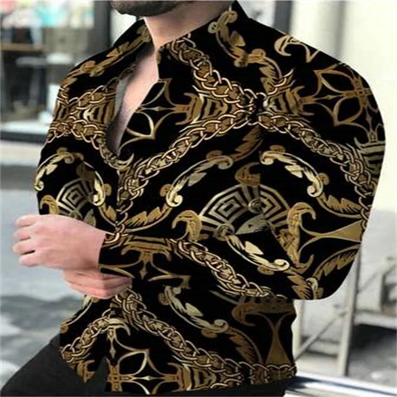 Men\'s Party Dress Casual Flower 3D Printing Fashionable Luxury Social Men\'s Long Sleeve Shirt Collar Button Shirt