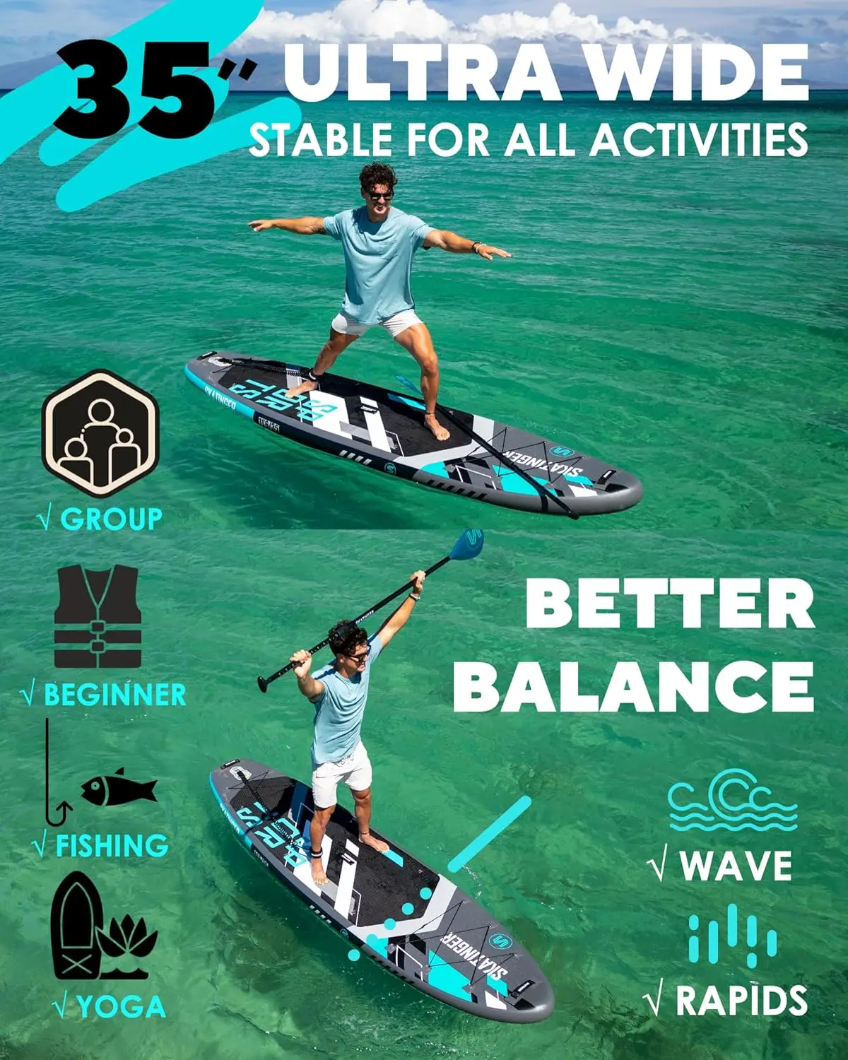 Super Wide Inflatable Stand Up Paddle Board, Ultra Stable Wide SUP for 2+1 People/Family/Big Size