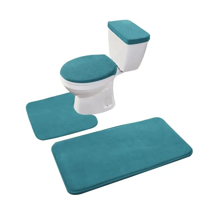 

Memory Foam Bathroom Toilet Rug Set 4 Piece with Toilet Lid Cover and Tank Covers Teal Blue