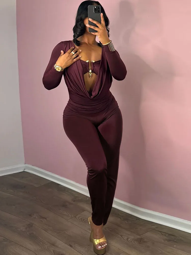 

Macheda Sexy Style Jumpsuits Women Metal Decoration Swing Collar Full Sleeve Skinny Peach Hip Midnight Trend Club Party Overalls
