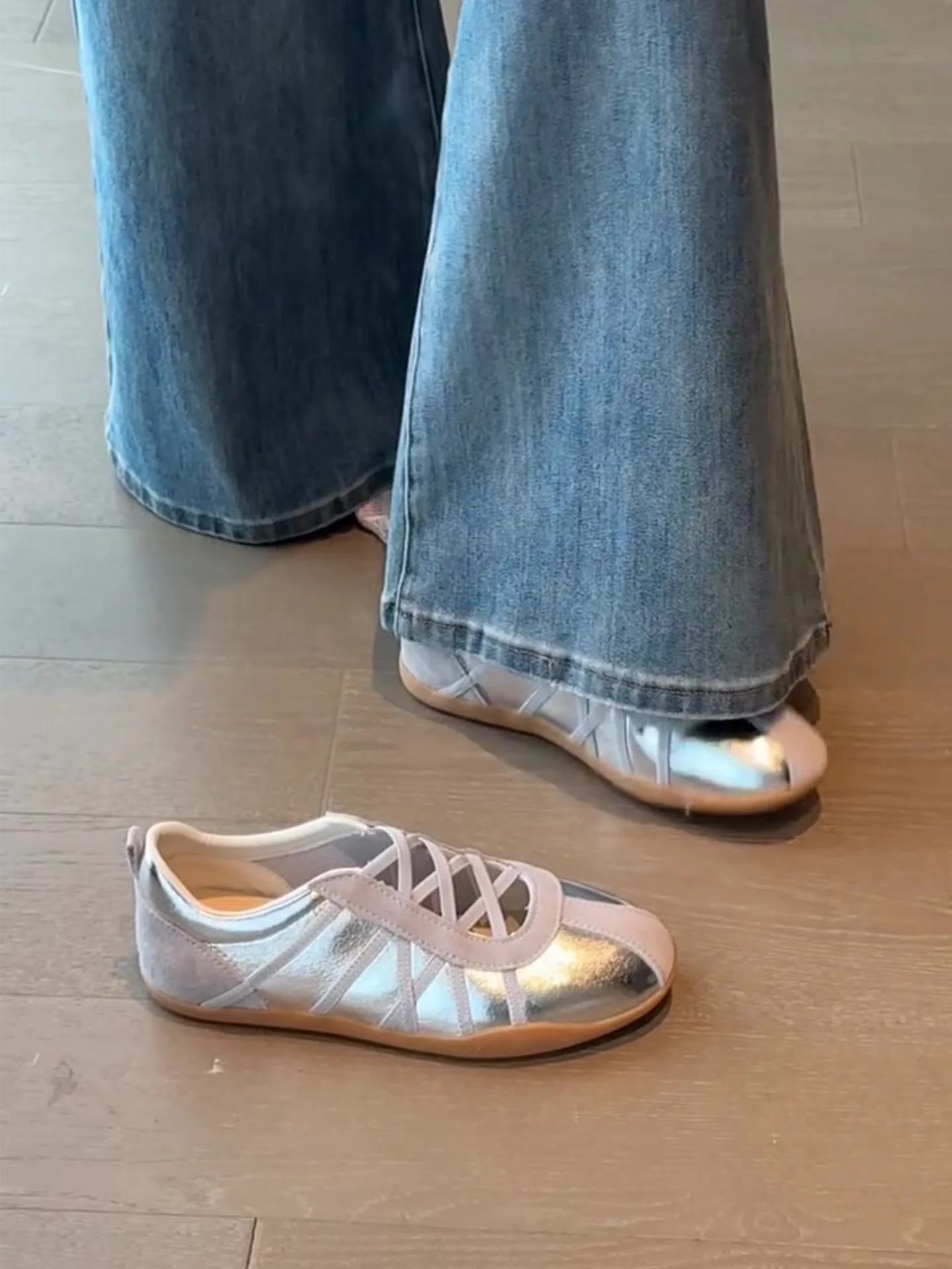 silver-mary-jane-design-ballet-style-trainers-women's-spring-summer-new-casual-shoes-for-skirts-sports-leisure-footwear