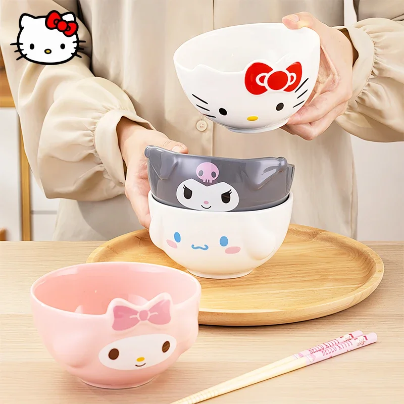 New Kawaii Sanrio HelloKitty Children's Tableware Kuromi MyMelody Cute Cartoon Girl 3D Ceramic Fruit Salad Bowl Home Tableware