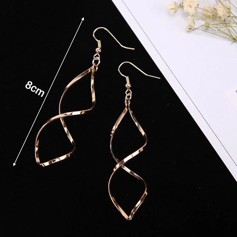 New Spiral Women\'s Hook Earrings Hollow Twist Geometric Statement Long Hanging Earrings Wraped Oval Metal Pendants Earrings