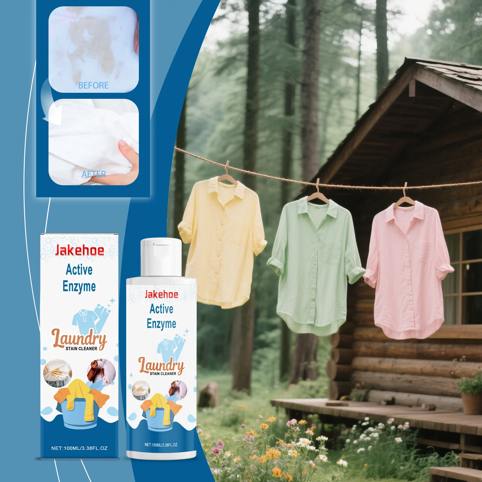 Jakehoe Nettoyant Enzymatique Actif pour Taches de Linge 100ml – Détachant Rapide pour Vêtements Contre les Taches d'Huile, de Sang, de Jus et les Taches Tenaces – Portable