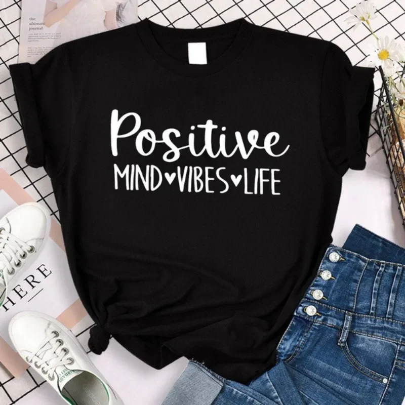 

Positive Mind Vibes Life Letter Print T Shirt Women Short Sleeve O Neck Loose Tshirt Women Tee Shirt Tops Camisetas Mujer