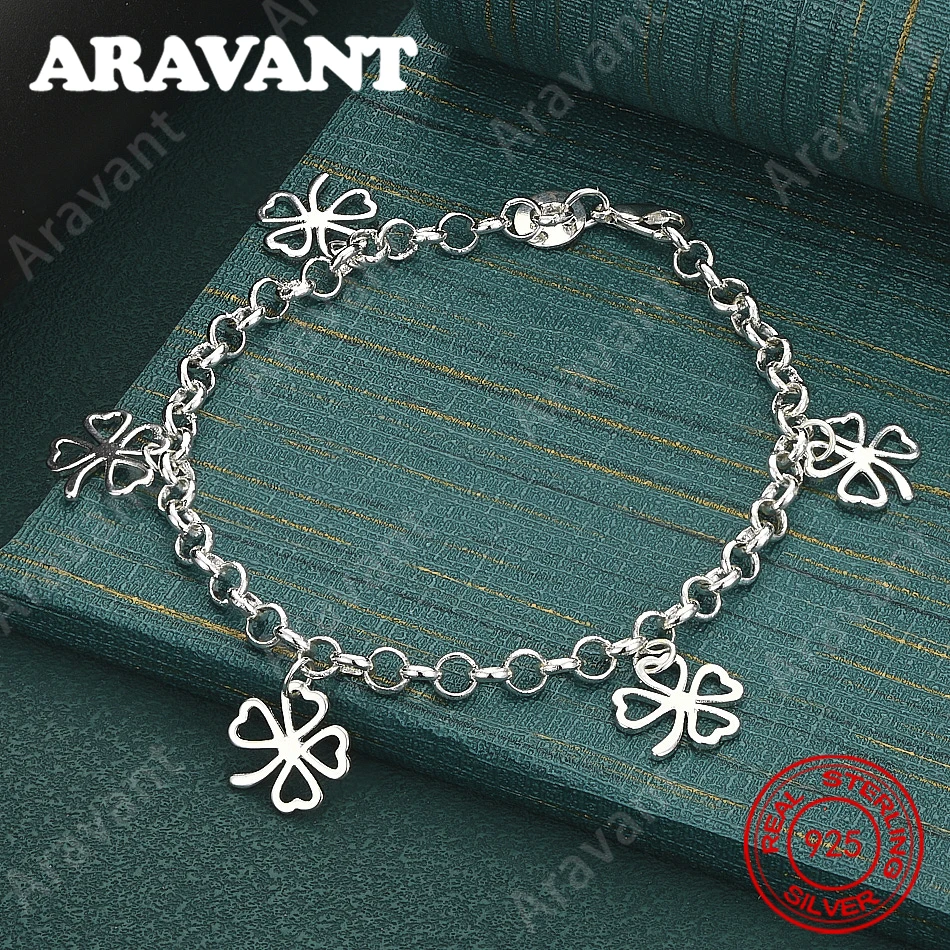925 Sterling Silver Four-Leaf Clover O-Necklace Bracelet For Women, Exquisite And Cute Wedding Party Jewelry