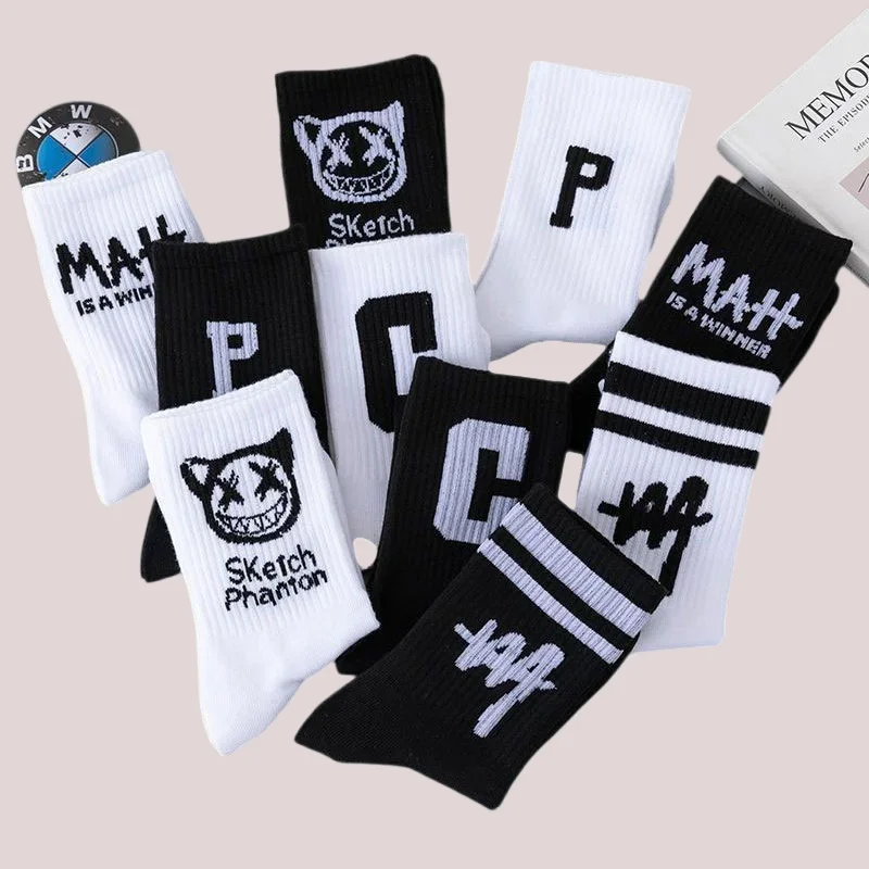 5/10 Pairs 2024 New All-match Student Mid-tube Socks Letters Trend Cotton Sock Breathable Men Women Basketball Sports Socks