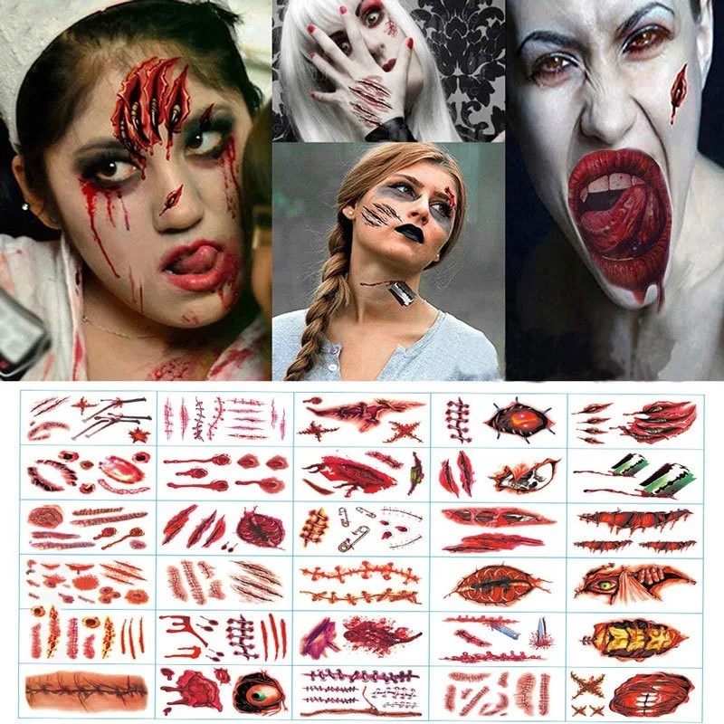 Halloween Temporary Tattoo Sticker Waterproof 3D Bite Mark Zombie Acars Wound Tattoo Sticker Halloween Party Cosplay Makeup Prop