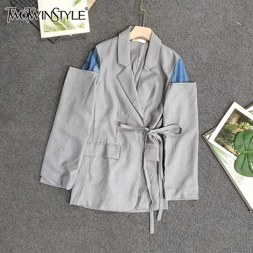 TWOTWINSTYLE Autumn Slimming Hit Color Blazers For Women Lapel Long Sleeve Temperament Lace Up Jacket Female Fashion YJA106503