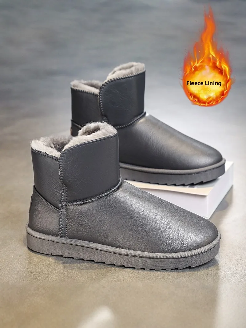 Men's Winter Snow Boots Fleece Lined Bread Style Waterproof Non Slip Warm Cotton Shoes Leather And Fur Integrated Booties