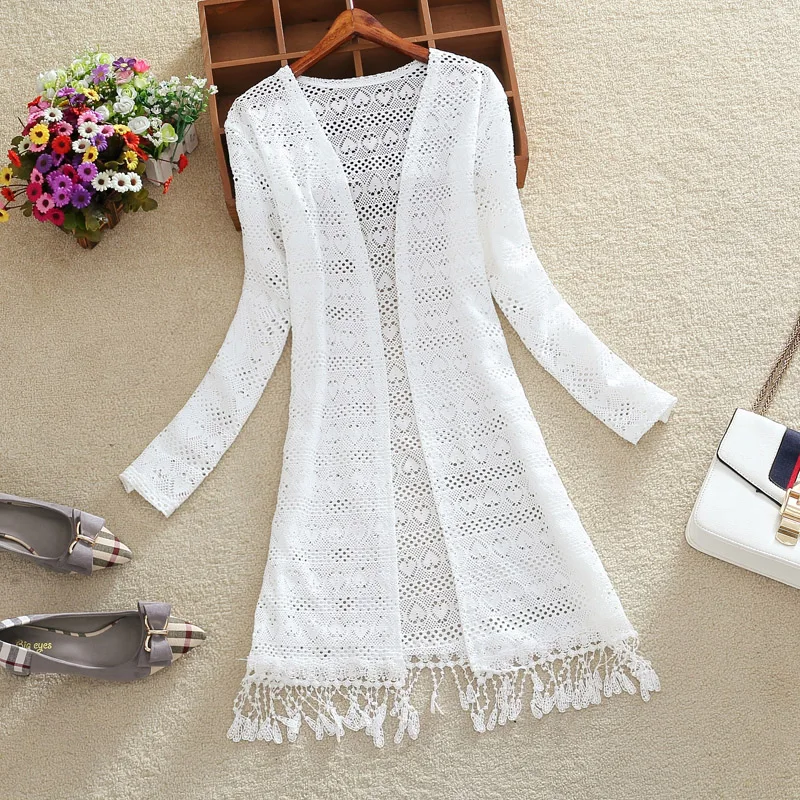 Women Slim Thin Sexy Lace See-through Jakcet Chaqueta Mujer New 2024 Summer Long Sleeve Hollow Tassels Midi Long Cardigan Women