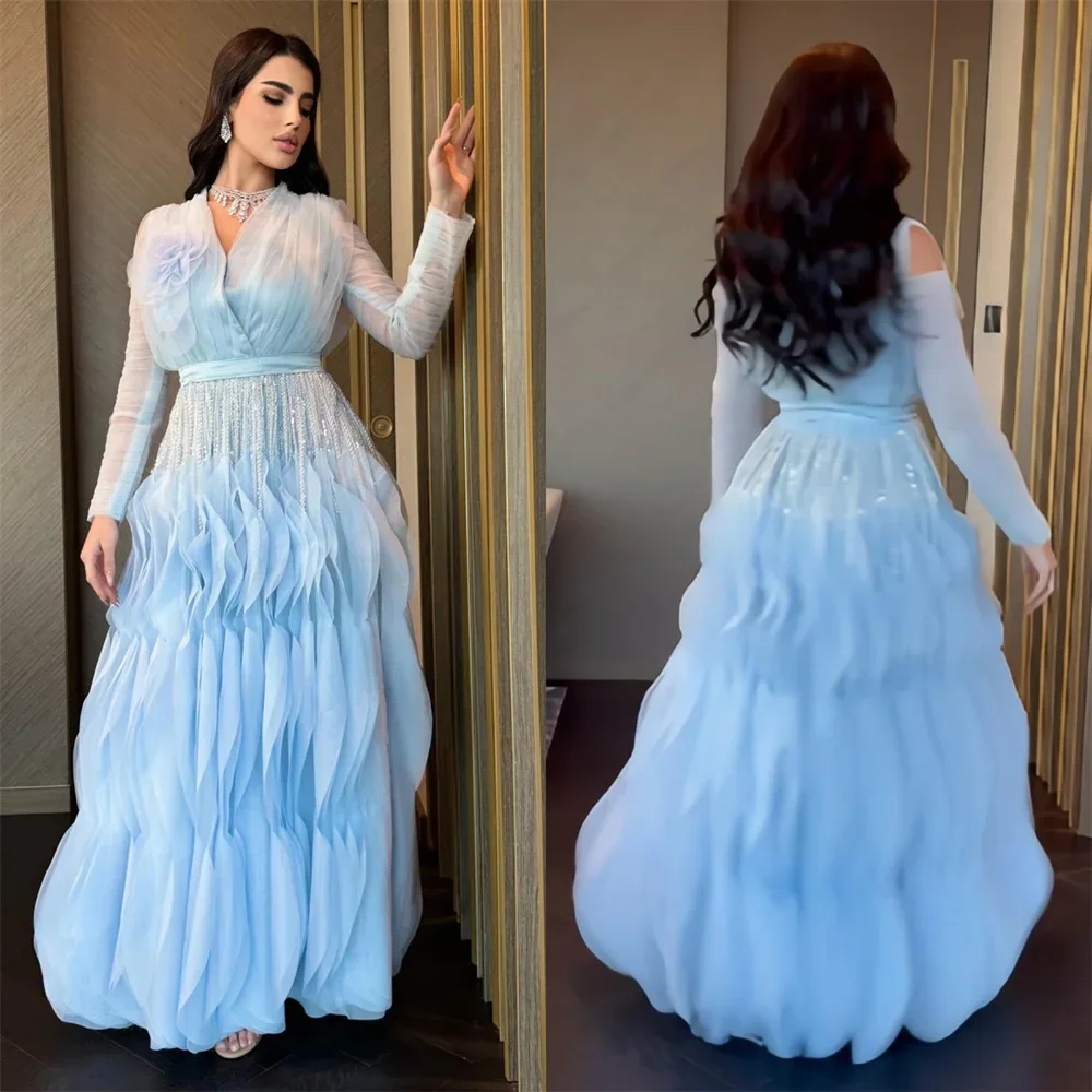 Customized Formal Dress Saudi Arabia Dearin V-neck A-line Floor Length Skirts Tulle Draped Bespoke Occasion Dresses Prom Evening