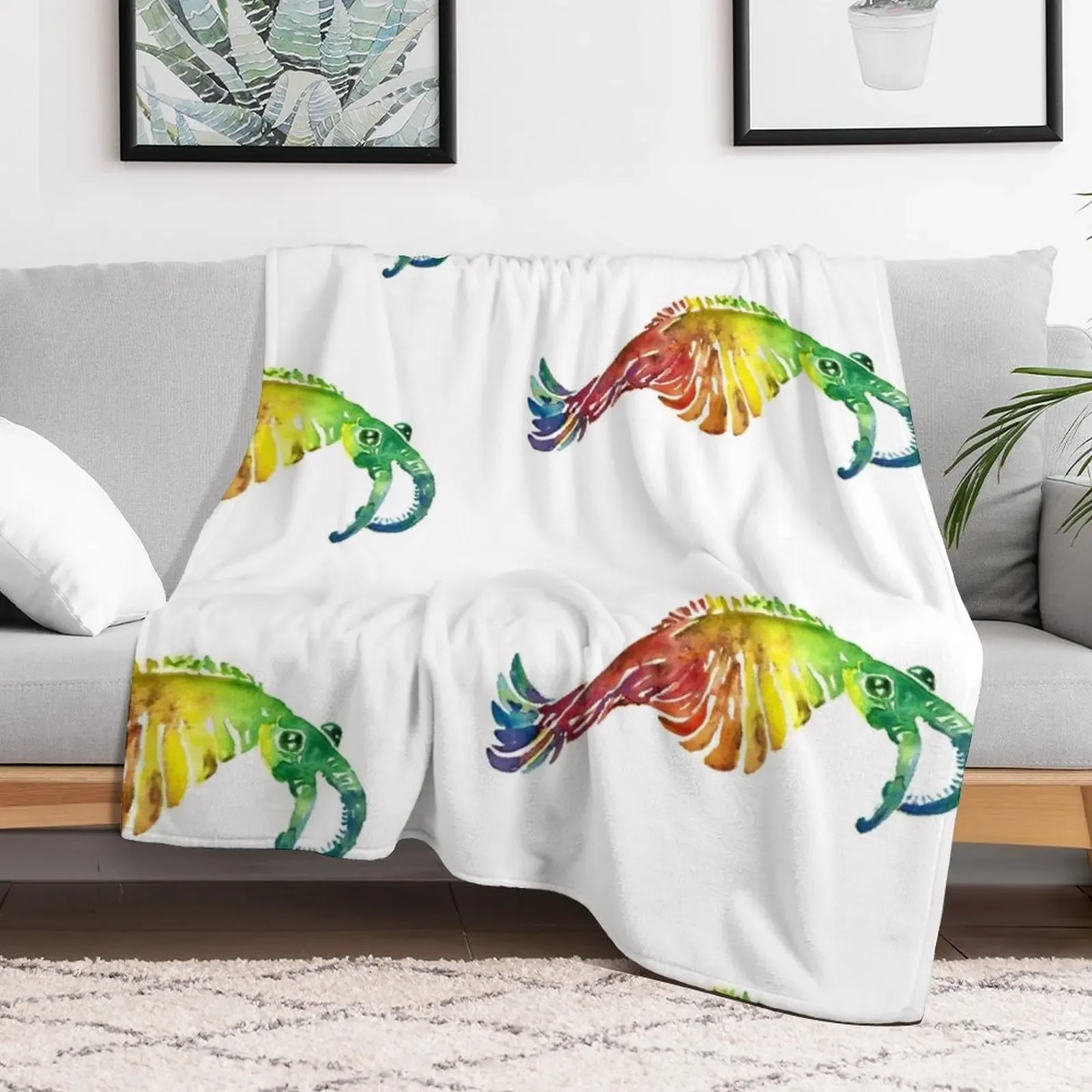 Watercolor Fossil Anomalocaris in Rainbow Throw Blanket Sleeping Bag Furry Softest Blankets