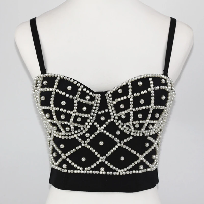 

Ins Net Red Pearl Halter Tank Top Female Outwear Backless Cross Strap Beauty Back Navel Short Top Summer Sexy Slimming Free Bra
