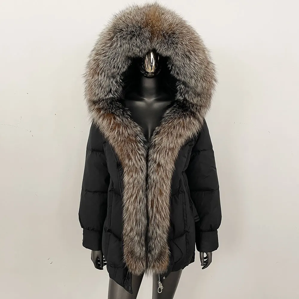 الشتاء أوزة أسفل معطف مقاوم للماء الراكون الطبيعي الفراء مقنعين سترة منفوخة المرأة سترة أسفل سترة الإناث معطف فرو الثعلب الحقيقي