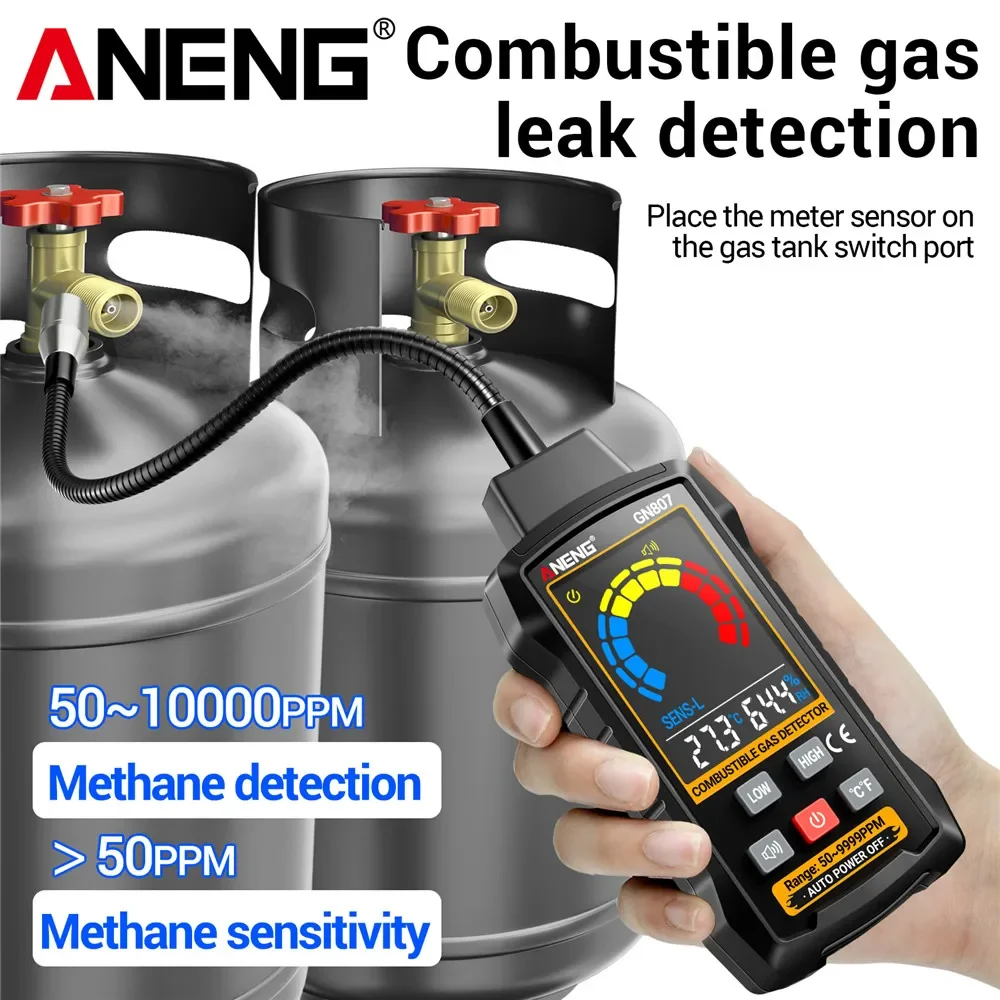 ANENG GN807 Combustible Gas Detector 50~10000PPM Methane/Ethanol Various Gases Sound And Light Alarm Bendable Hose Tester Tools