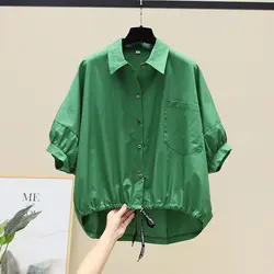 Streetwear Solid Color Stylish Shirring Blouse Casual Batwing Sleeve Summer Loose Lapel Female Pockets Single-breasted Shirt New