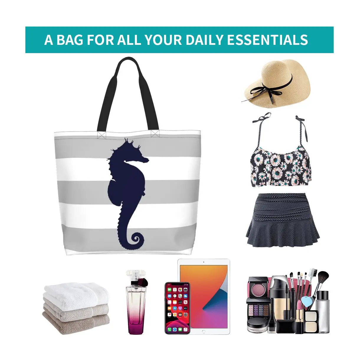 Nautical Navy Blue Seahorse On Silver Gray Stripes Shopping Tote Bag Canvas Shoulder Bags Shopper Grocery Handbag for Women