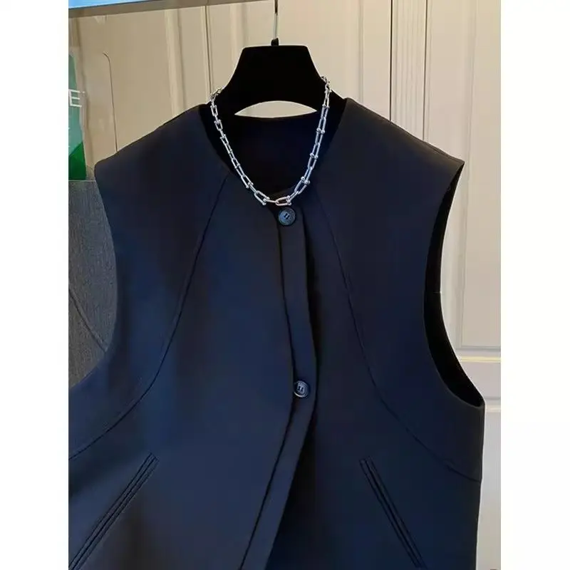 Luxury High-end Suit Vest Waistcoat Loose Jacket Top Women's Spring Autumn Design Sleeveless Office Ladies Coat Black Grey