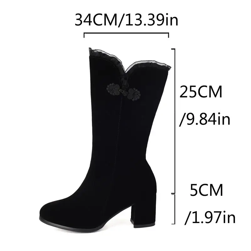 ORCHA LISA موضة المرأة منتصف العجل الأحذية جولة تو 5 سنتيمتر كتلة كعب سستة Bowknot قطيع الجلد المدبوغ حجم كبير 41-43 زفاف ناضجة #1