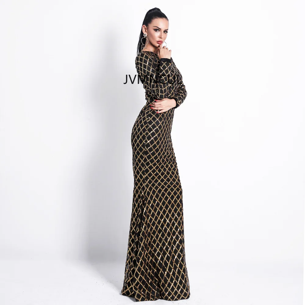 2025 Vestido de noche elegante de estilo europeo para mujer con mangas largas a cuadros y cuello redondo, vestido de lentejuelas listo para enviar