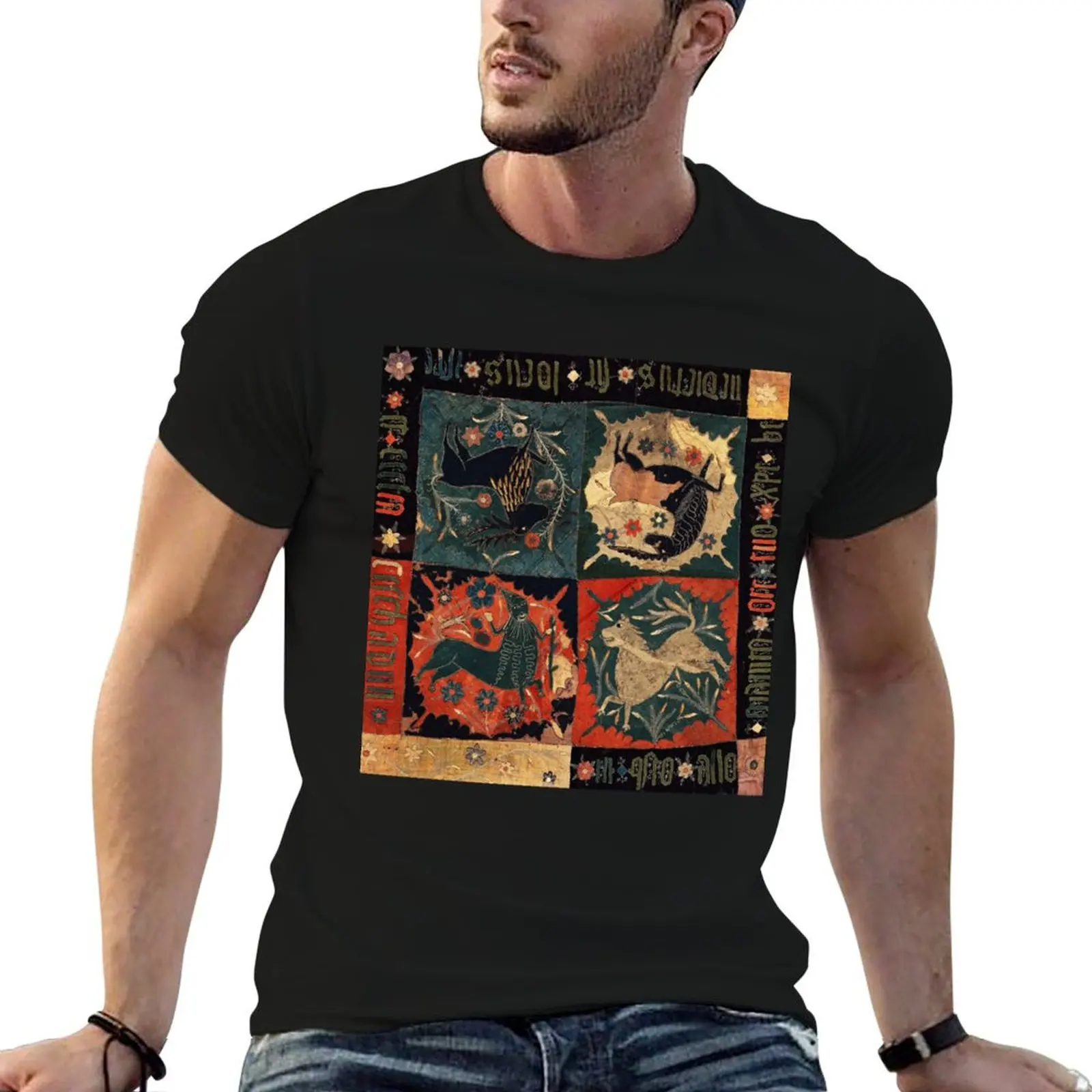 MEDIEVAL BESTIARY, DEER, UNICORN,CENTAUR AND LION Red Blue Antique Scandinavian Embroidery T-Shirt Ultra Soft Breathable Tee Top