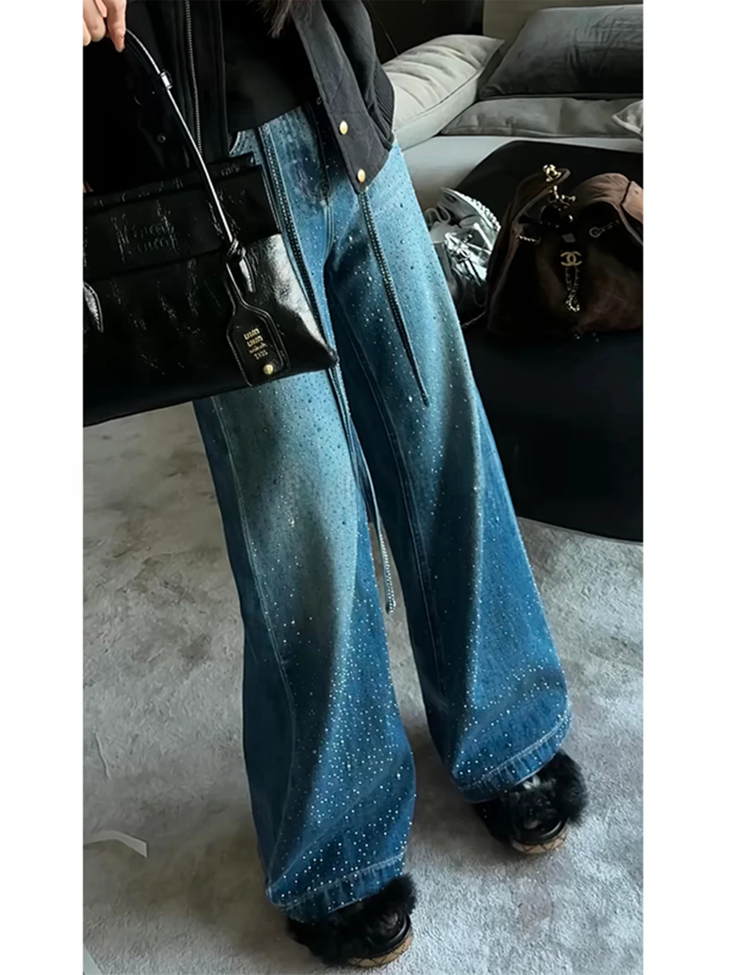 

Женские джинсы с высокой талией, на флисовой подкладке, утепленные, со стразами, прямые, с эффектом похудения, расклешенные, в стиле ретро, из хлопка