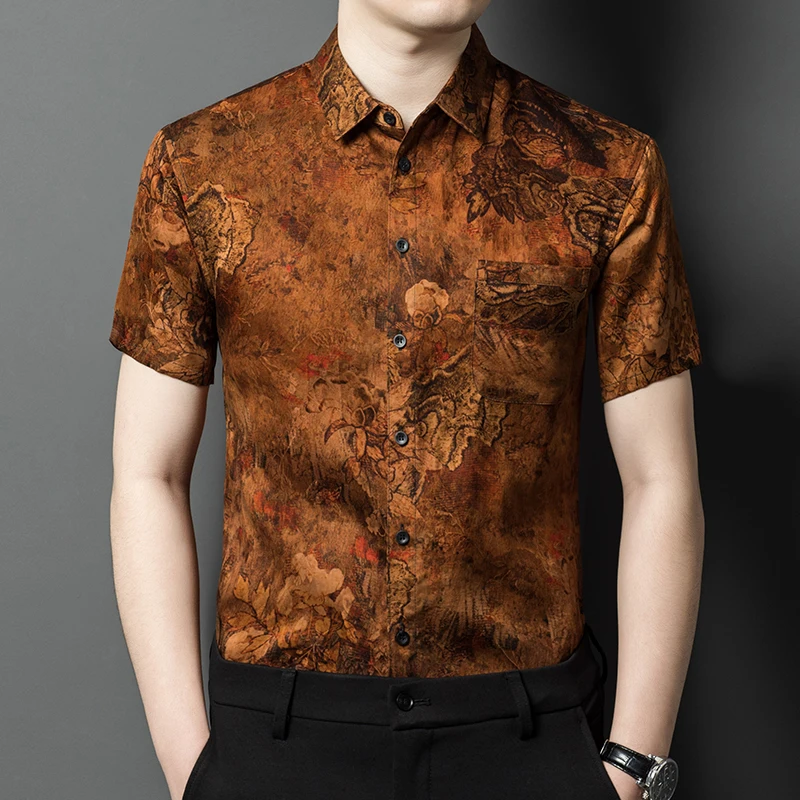

Silk 100% Yellow Shirts For Men Short Sleeve Premium Lightweight Summer Quality Gambiered Canton Gauze Printed Camisas De Hombre