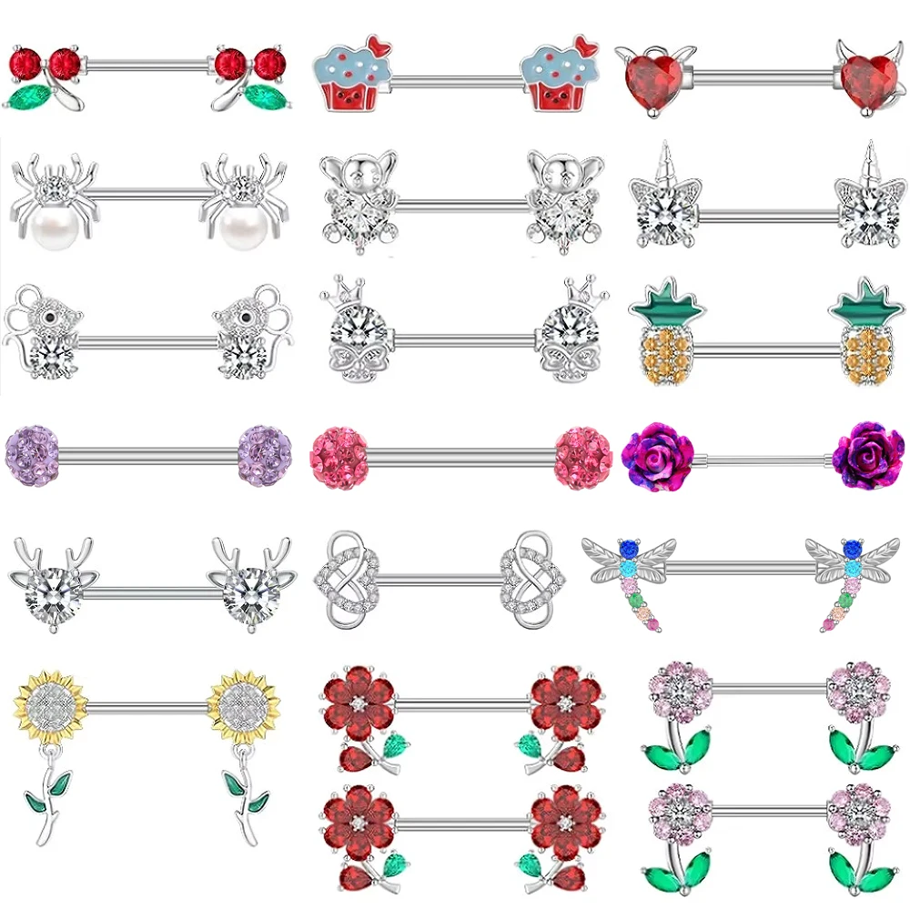 2PCS Cute Cake Crystal Nipple Ring Piercing Pezon Fashion Cherry Flower Pineapple-shape Shield Barbell Nipple Piercings Jewelry