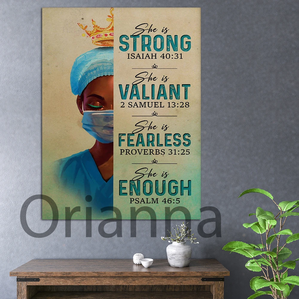 Canvas Painting Home Decor Prints Black Queen Nurse She Is Strong Valiant Fearless Enough God Bible Verses Hospital Wall Poster