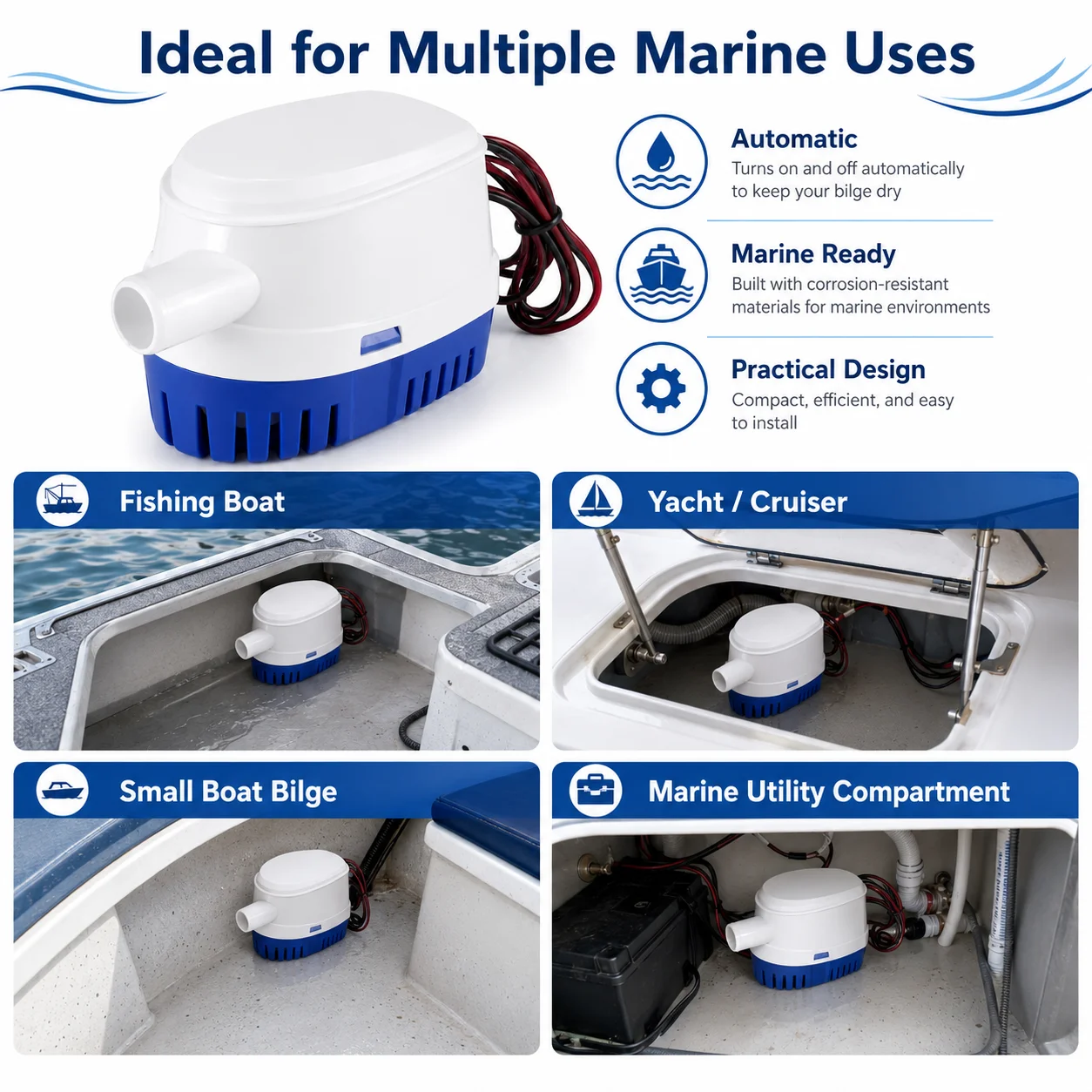 12/24V Automatic Boat Bilge Pump DC Submersible Marine Water Pump with Float Switch for Yacht RV Fishing Boat Accessories