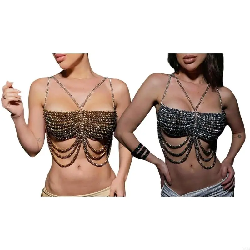 

Y88A Women's Halter Neck Vest Layered Glass Beads Body Chain Crystal Decorated Bra Top For Evening Event Festivals Party