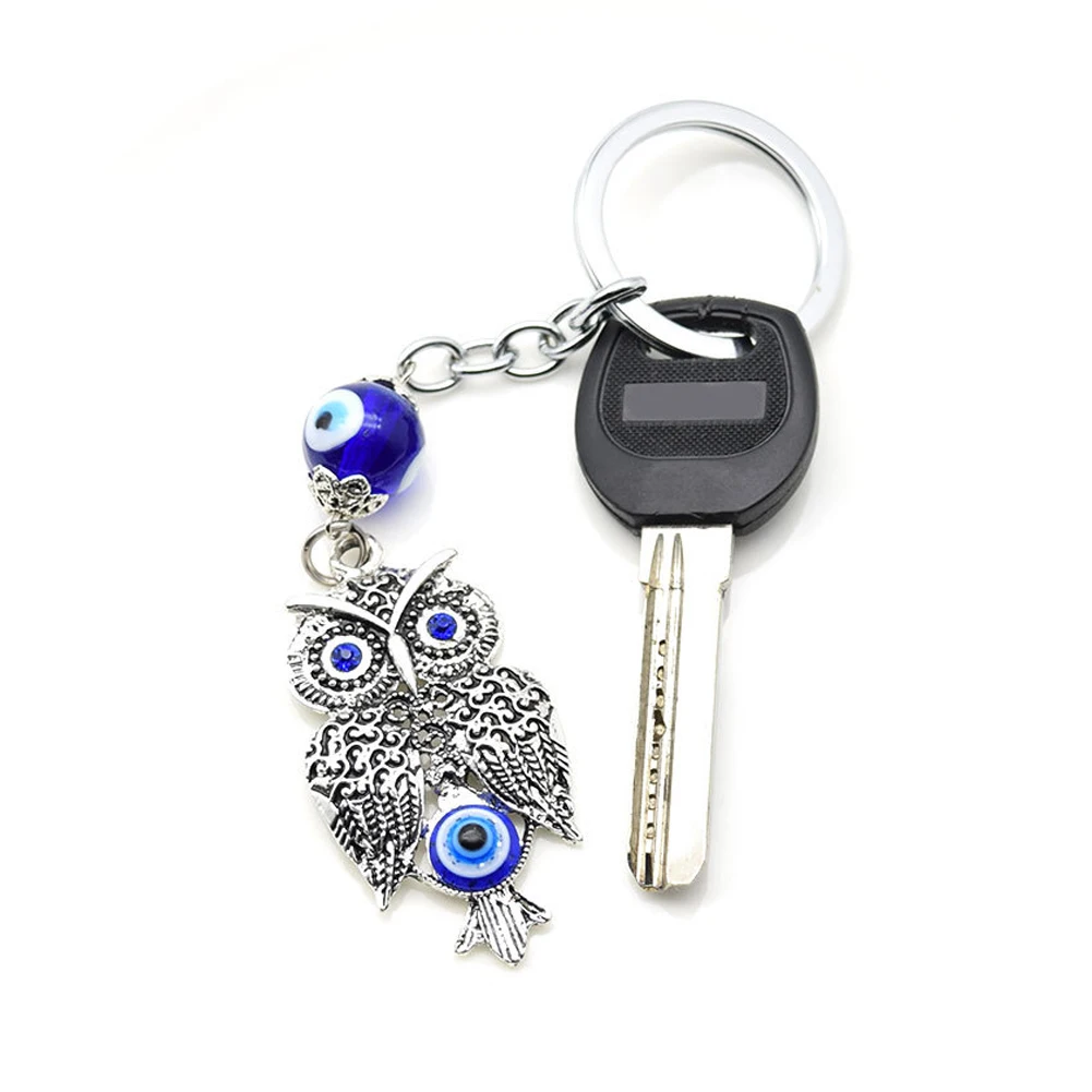 Lucky Eye Alloy Owl Animal Keychain Blue Turkish Evil Eye Pendant Car Key Chain Phone Charm Keyring Jewelry Protection Amulet