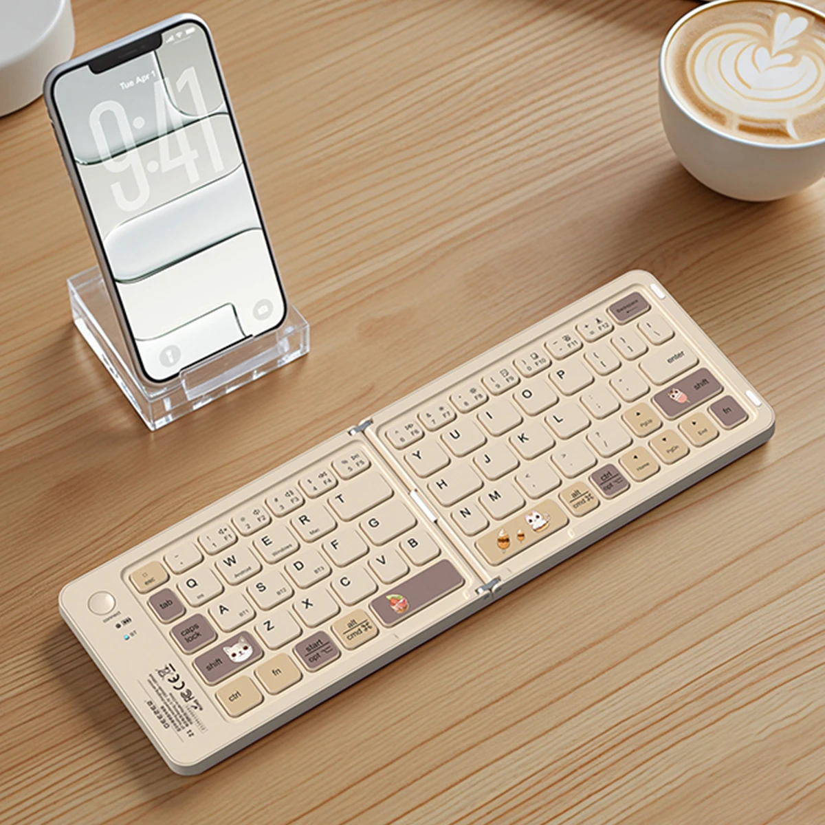 GEEZER Z1 Milk Tea Cute Pet Foldable Bluetooth Keyboard, Triple Device Switch Type-C Portable Mini Wireless Keyboard