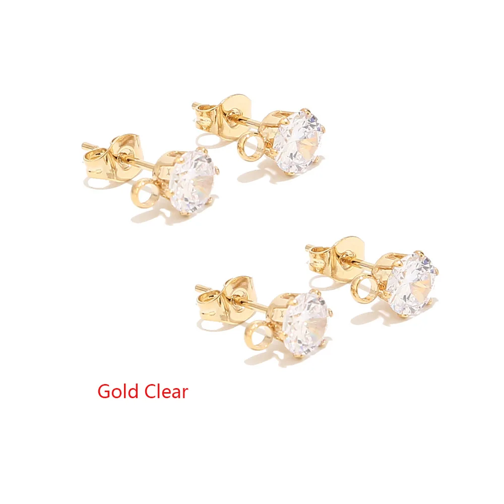 10pcs Stainless Steel Gold CZ Clear Zircon Earrings Post Stud With Loop Ear Post Stud Findings for DIY Earring Making Supplies