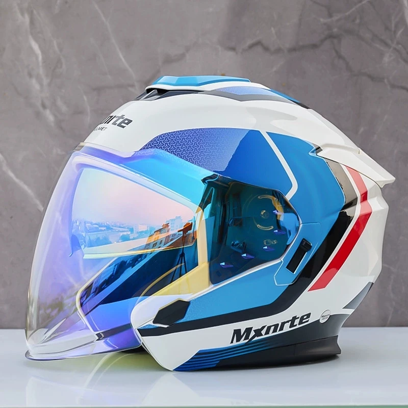 ECE Approved Mxnrte Dodge White Blue Red Helmet Men and Women Double Lens Half Helmet Motorcycle Off-Road Safety Helmet Casque