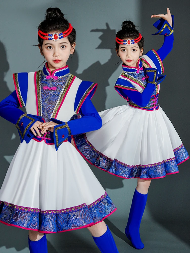 

Mongolian Children's Girls' Performance Clothes Prairie White Girl's Clothing Ethnic Mongolian Robe Chopstis Dance Co...