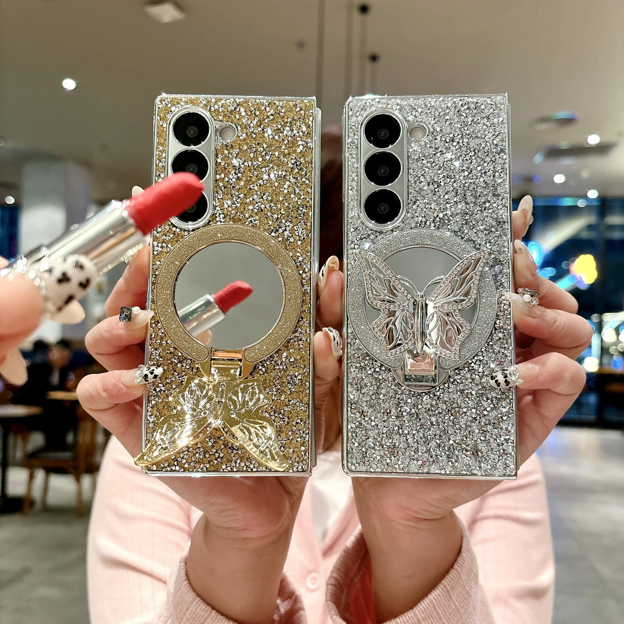 

Luxury Hard PC Electroplated Frame Phone Case for Samsung Galaxy Z Fold 7 6 5 4 with Butterfly Makeup Mirror Bracket Back Cover
