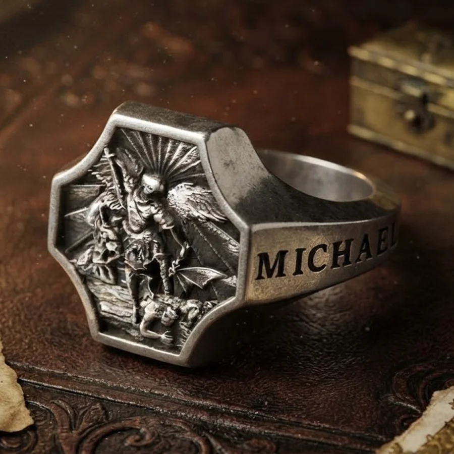 Buy 4 Get 1 Free 24x21mm 10.3g Archangel Michael Defeating Satan Men’s Silver Rings Prevent Allergy Many Sizes SheCrown