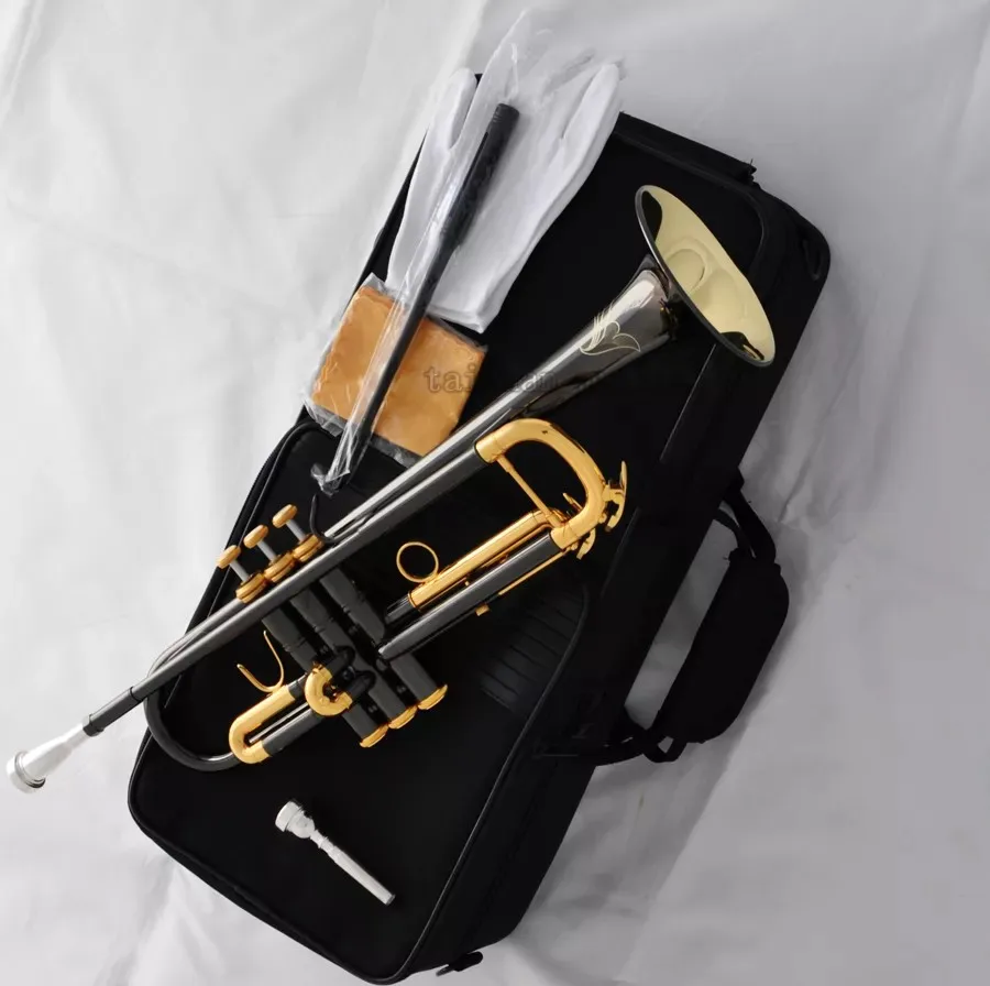 

Новая труба-горн 2026 года, черный никель, золотистый колокол, 4-7/8 дюйма, с гравировкой, 2 мундштука в комплекте, кейс 40